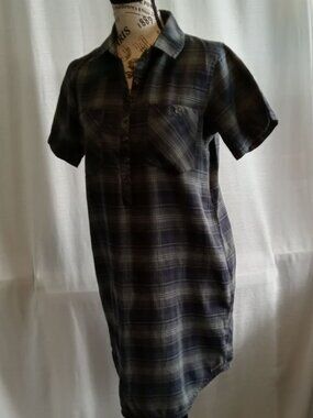 Element plaid cotton-polyester button down dress with buttons, blue & green-grey